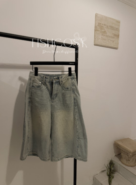 韩国现货 复古色 做旧水洗牛仔裤中裤 随性五分裤 夏威夷人鱼