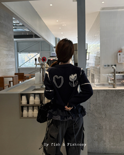 Polo领miu感休闲爱心花朵羊毛混纺针织衫 韩国2025秋冬新品