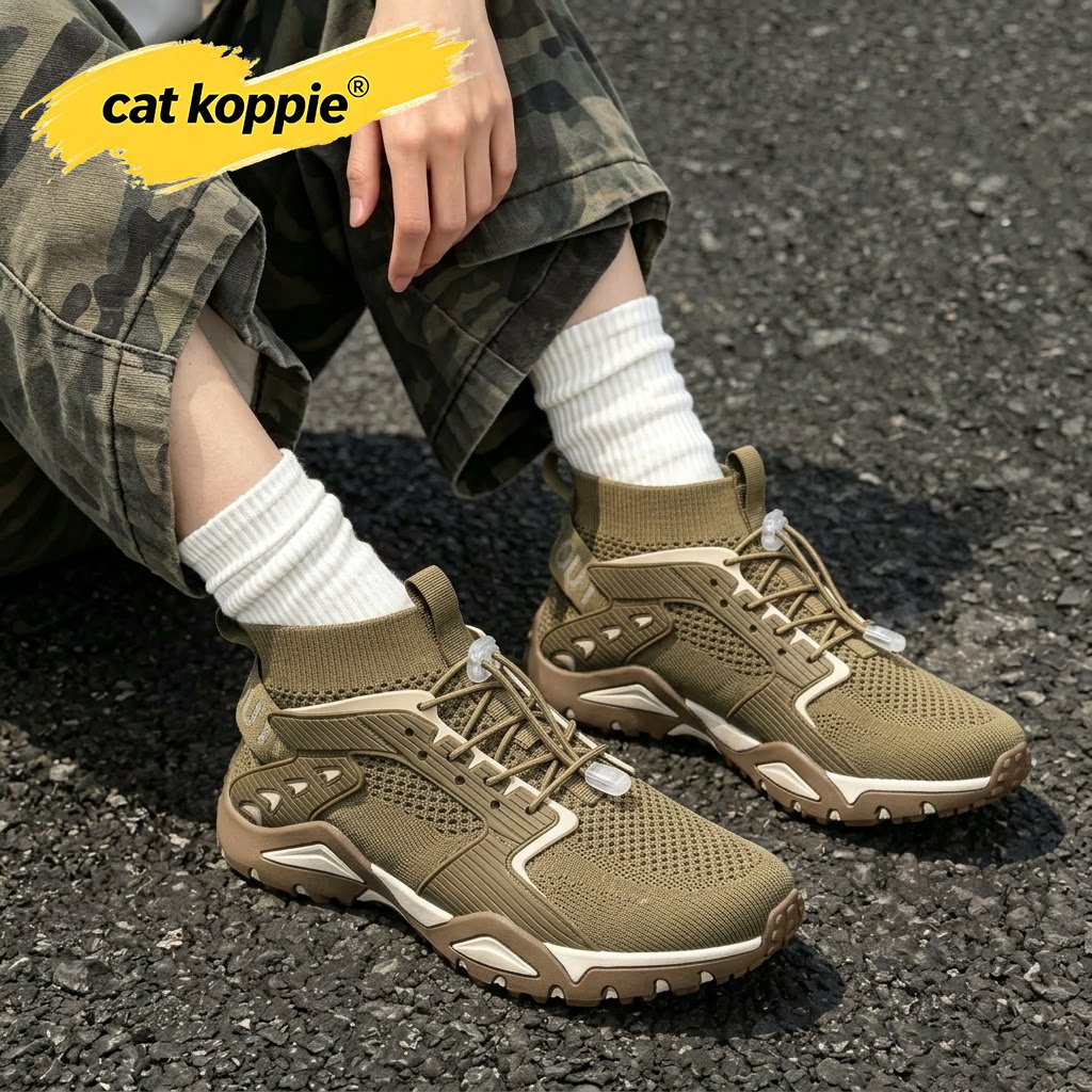 Cat Koppie卡其棕户外机能防滑耐磨老爹鞋飞织网透气高帮套脚男鞋