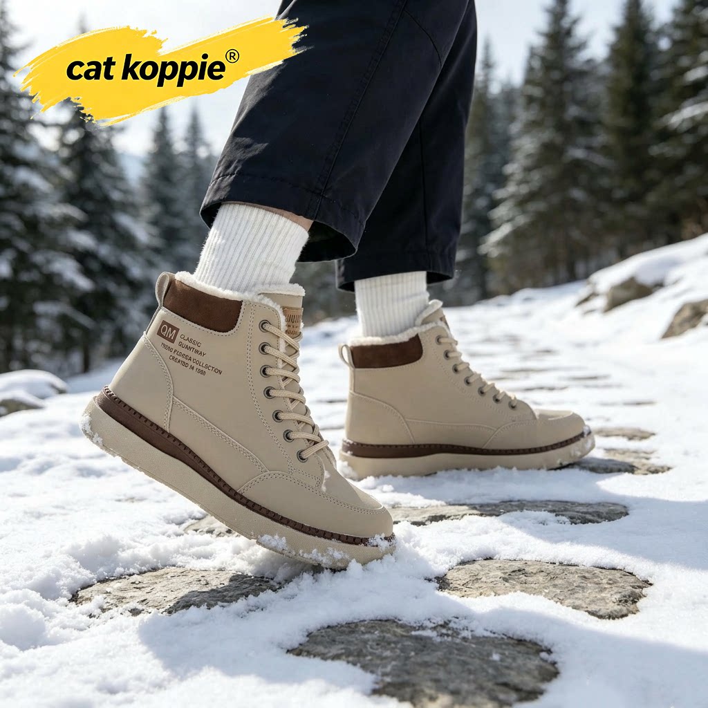 Cat Koppie卡其色缝线工艺厚底防滑工装靴人造革加绒保暖高帮男鞋