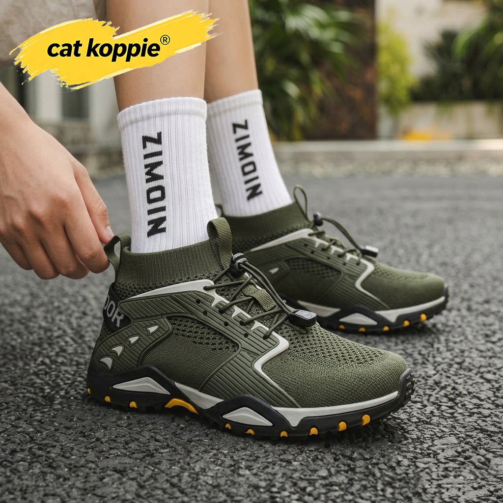 Cat Koppie军绿色户外休闲防滑耐磨登山飞织网面透气舒适高帮男鞋
