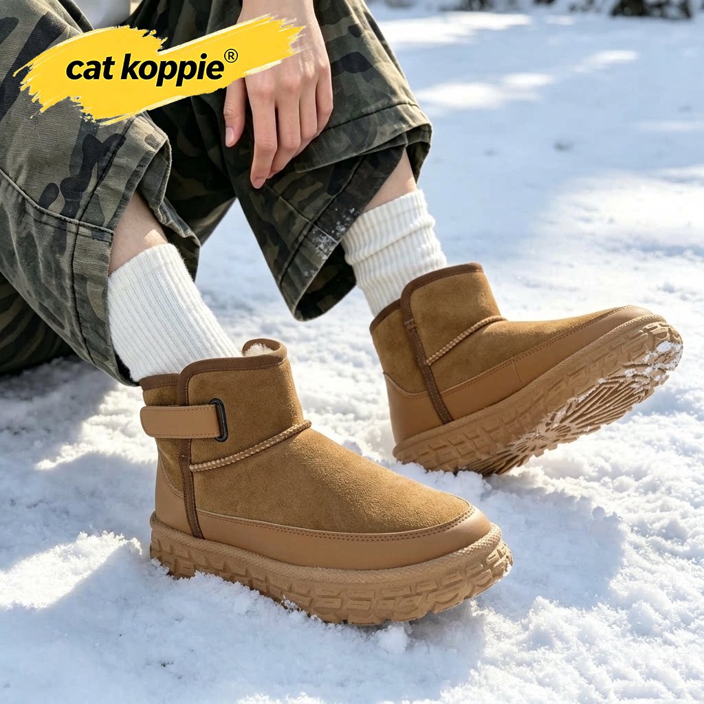 Cat Koppie棕复古休闲防滑厚底轻耐磨雪地靴反绒保暖加绒短筒男鞋