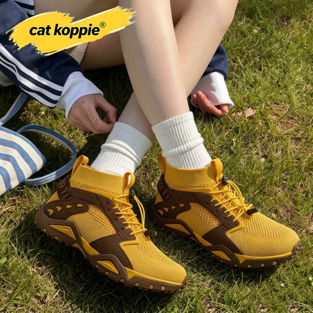 Cat Koppie黄色户外休闲防滑减震耐磨登山鞋飞织透气舒适高帮男鞋