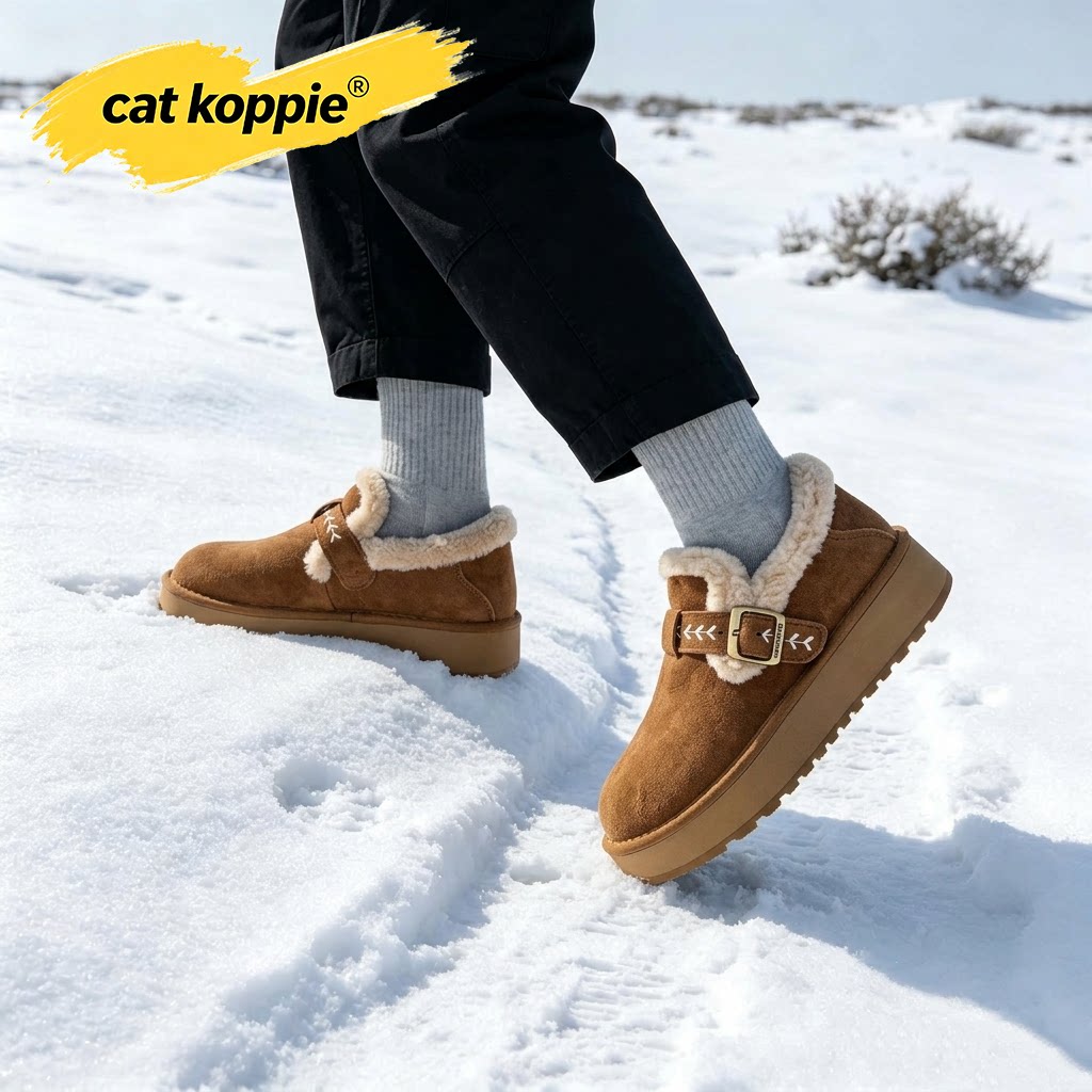 Cat Koppie棕色加绒厚底轻防滑耐磨雪地靴翻绒面保暖舒适低帮男鞋