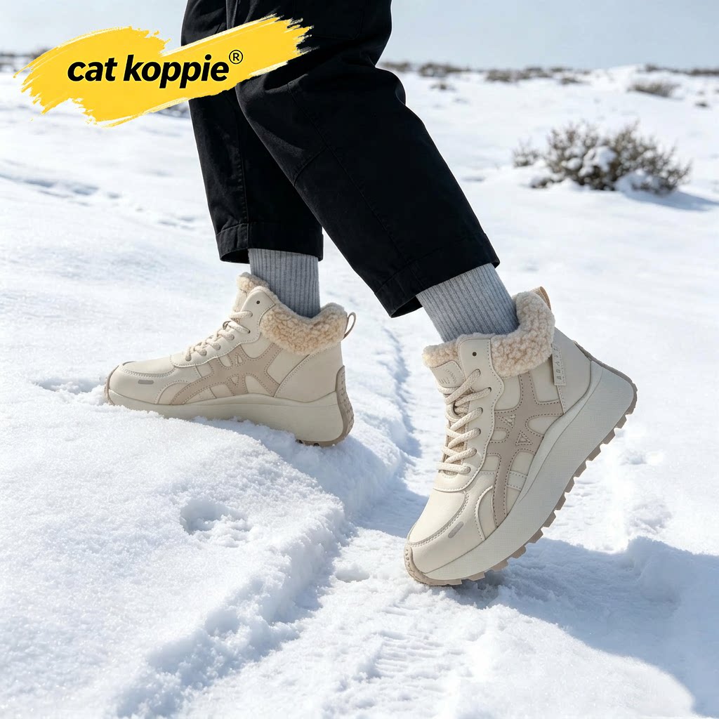 Cat Koppie米白羊羔毛厚底防滑缓震户外运动鞋皮革保暖性高帮男鞋