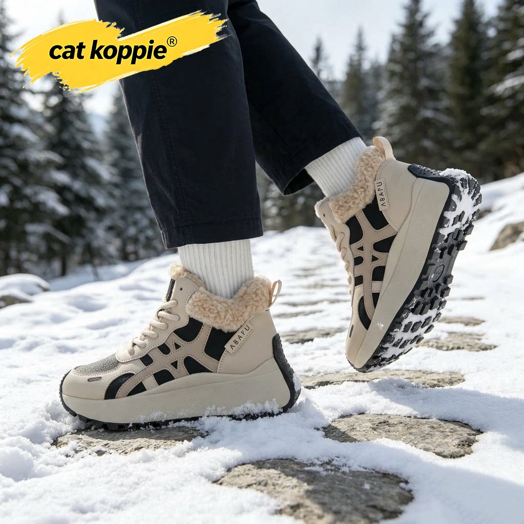 Cat Koppie米黑色拼接防滑耐磨高帮加绒皮革保暖舒适厚底增高男鞋