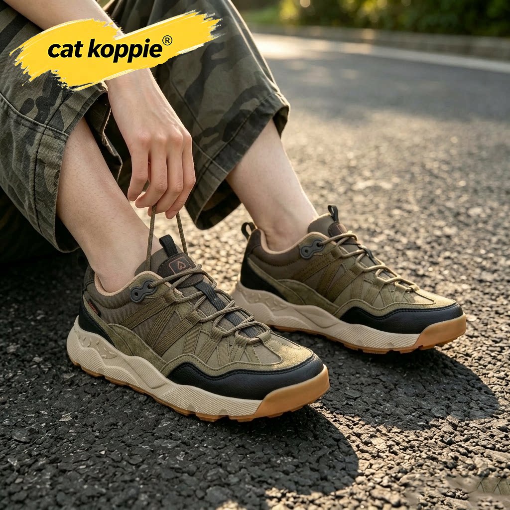 Cat Koppie军绿户外工装橡胶厚底登山鞋织物绒面防滑系带低帮男鞋