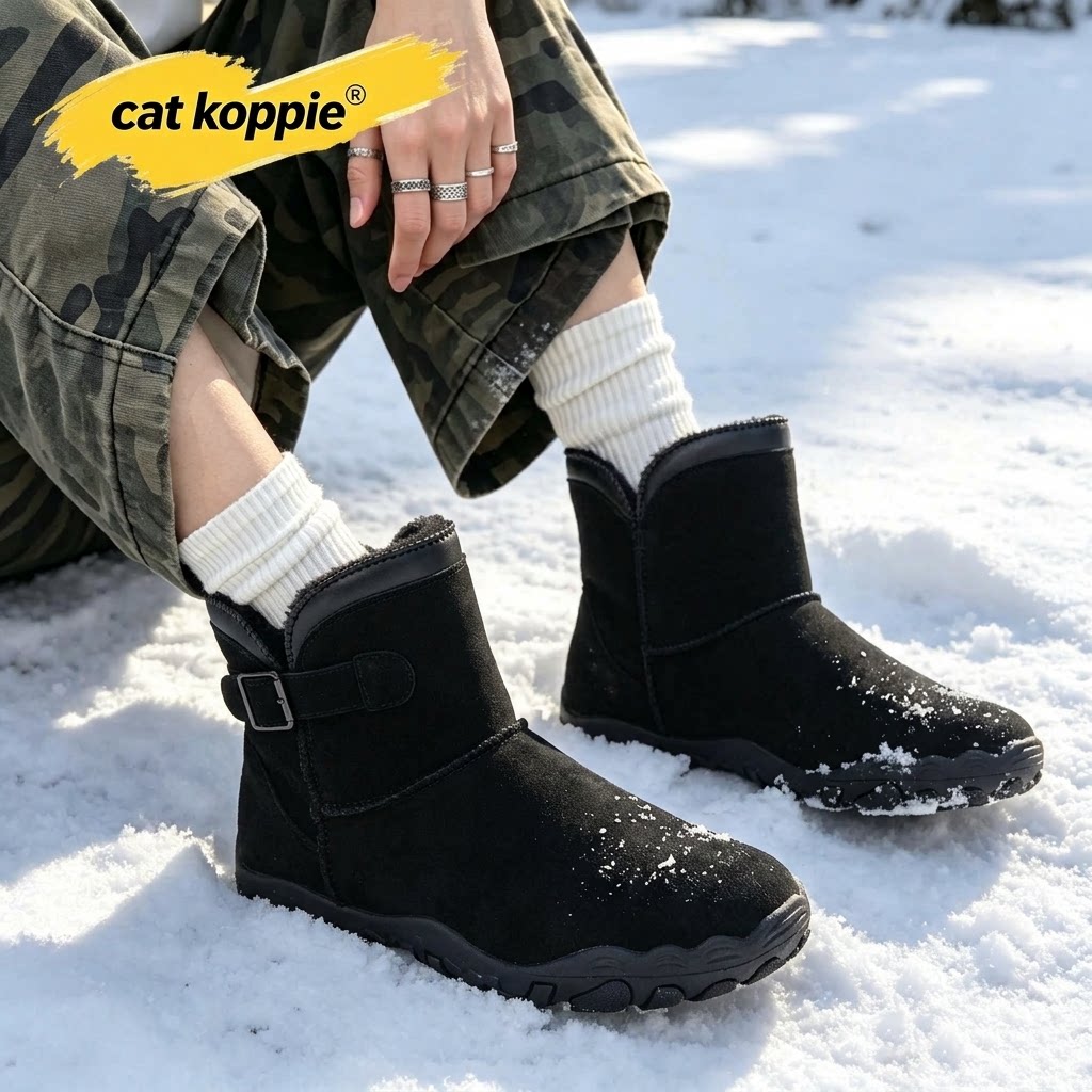 Cat Koppie黑色加绒加厚防寒防滑耐磨雪地靴磨砂皮保暖搭扣男式鞋