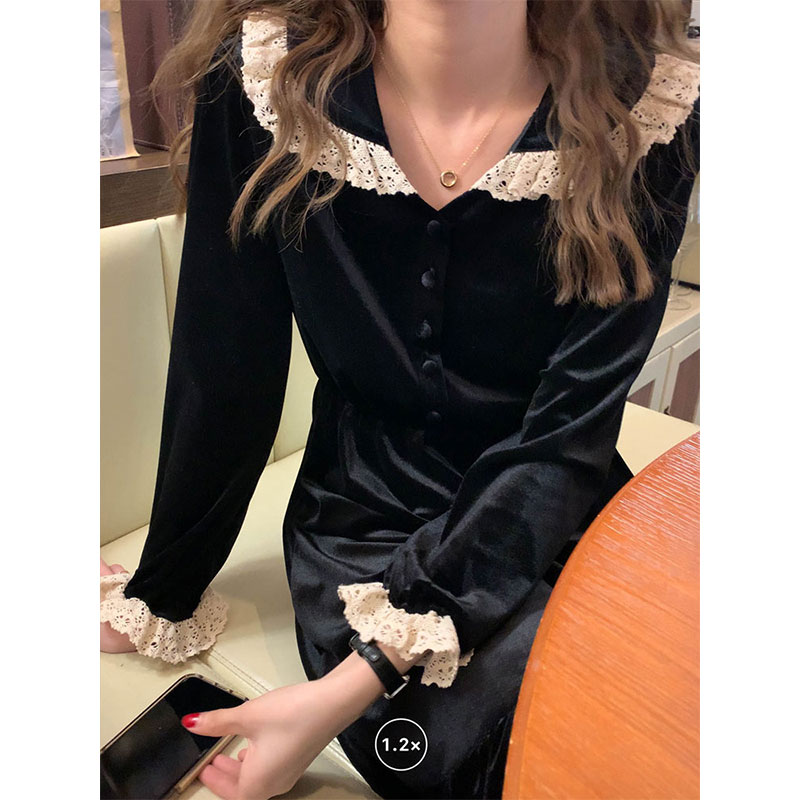 Real shot black velvet dress 20 autumn winter retro French little black dress Hepburn style