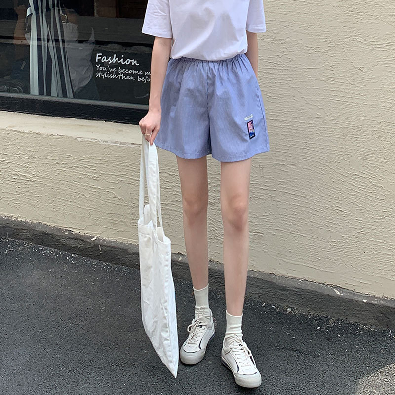 Real Korean design stripe loose casual pants women's elastic waist pants