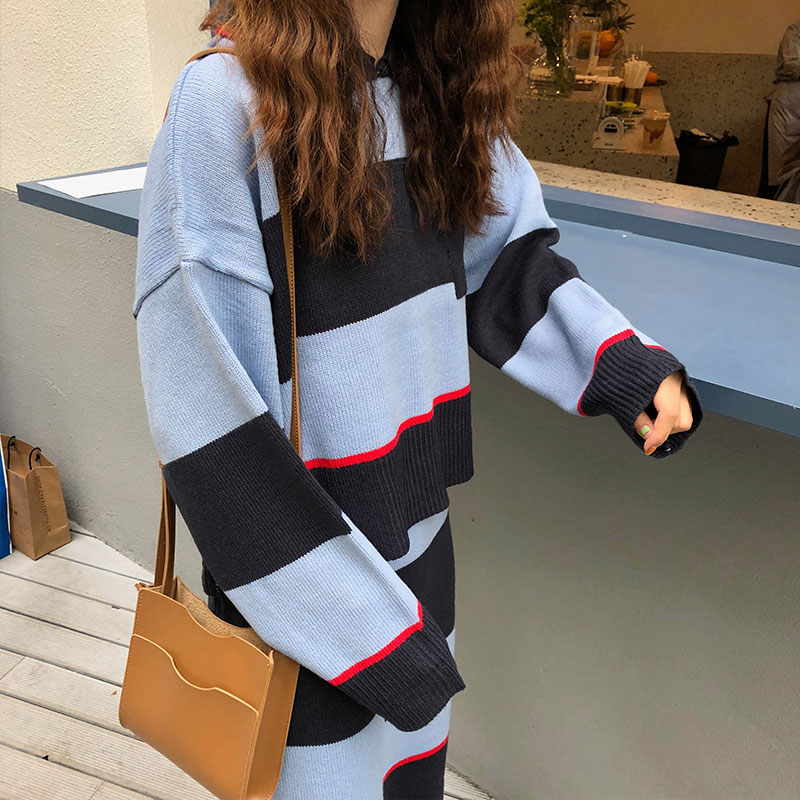 Photo autumn and winter fashion suit short knitted sweater temperament knitted skirt color contrast stripe two piece set