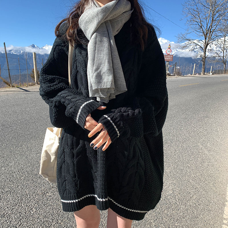 實拍新款韓版寬鬆學生長袖麻花針織毛衣女百搭