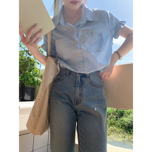 Real shot of Korean style chic retro striped chic short-sleeved shirt for women spring and summer niche solid color half-sleeved shirt