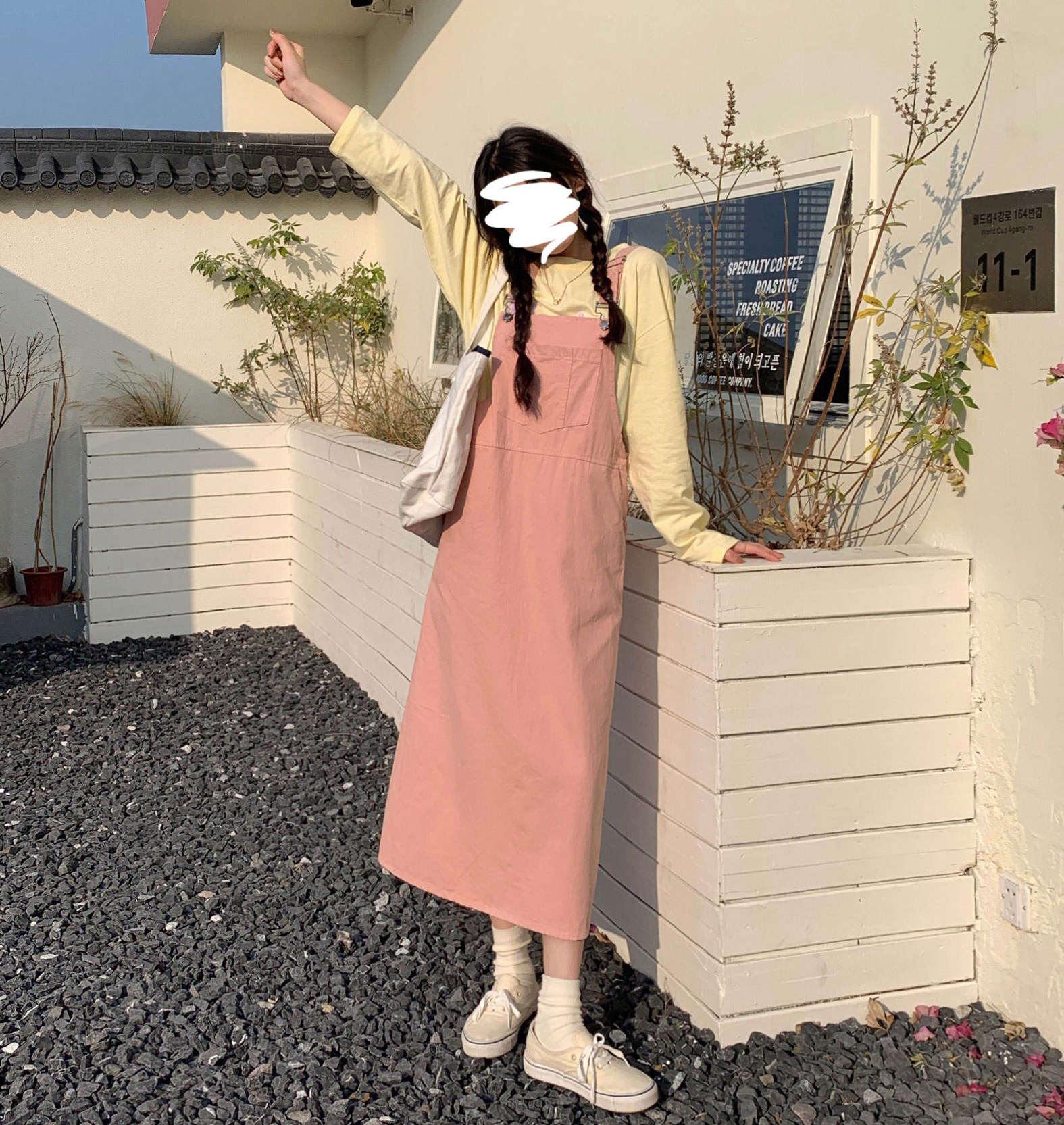 实拍早春新款韩国chic甜美减龄宽松背带连衣裙女气质过膝裙子2300