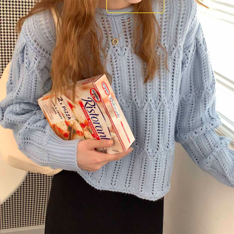 Price not low real shot retro hollowed out loose Pullover knitted sweater women's Korean Short outerwear