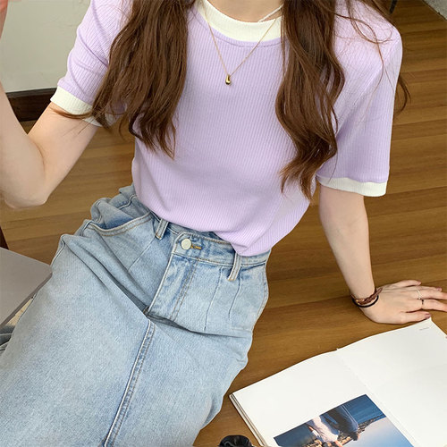 Real photo 2021 Korean chic round neck loose casual contrast solid color pit stripe bottom shirt