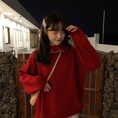 New Korean version of sweet and lovely Lapel Pullover Lantern Sleeve knitting versatile sweater for students to wear