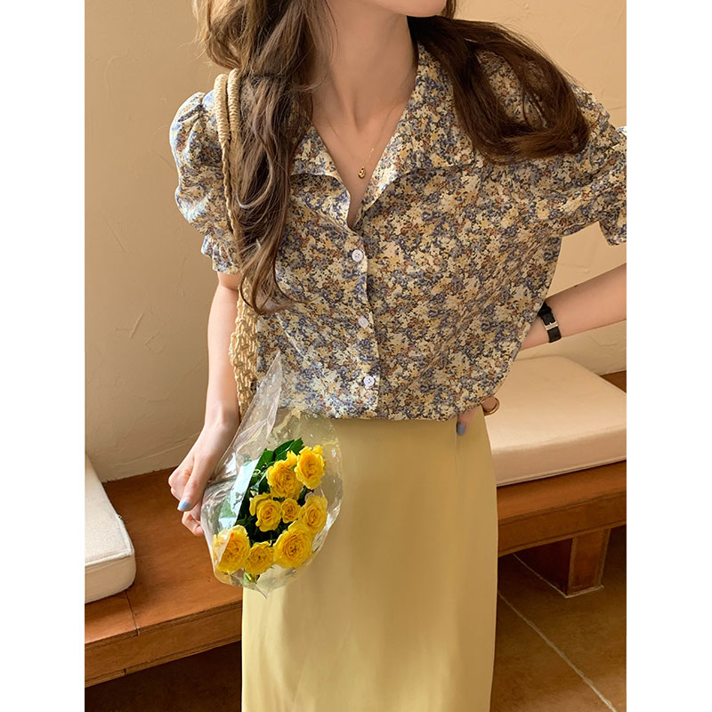 Real shot niche design sense retro gentle style short sleeve shirt women's French Floral Top