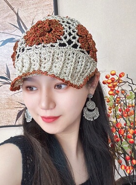 手工编织亚麻镂空芙蓉花朵包头帽女春夏秋四季遮白发百搭鸭舌帽