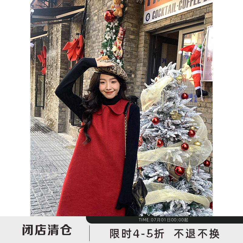 yesroom「甜甜平安夜」春季新款娃娃领毛呢圣诞红背心裙连衣短裙