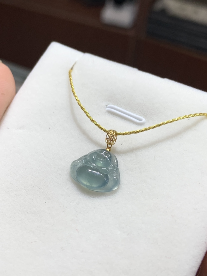 18k镶嵌天然a货翡翠玉佛吊坠 冰种起荧光佛公挂坠 迷你小佛爷项坠