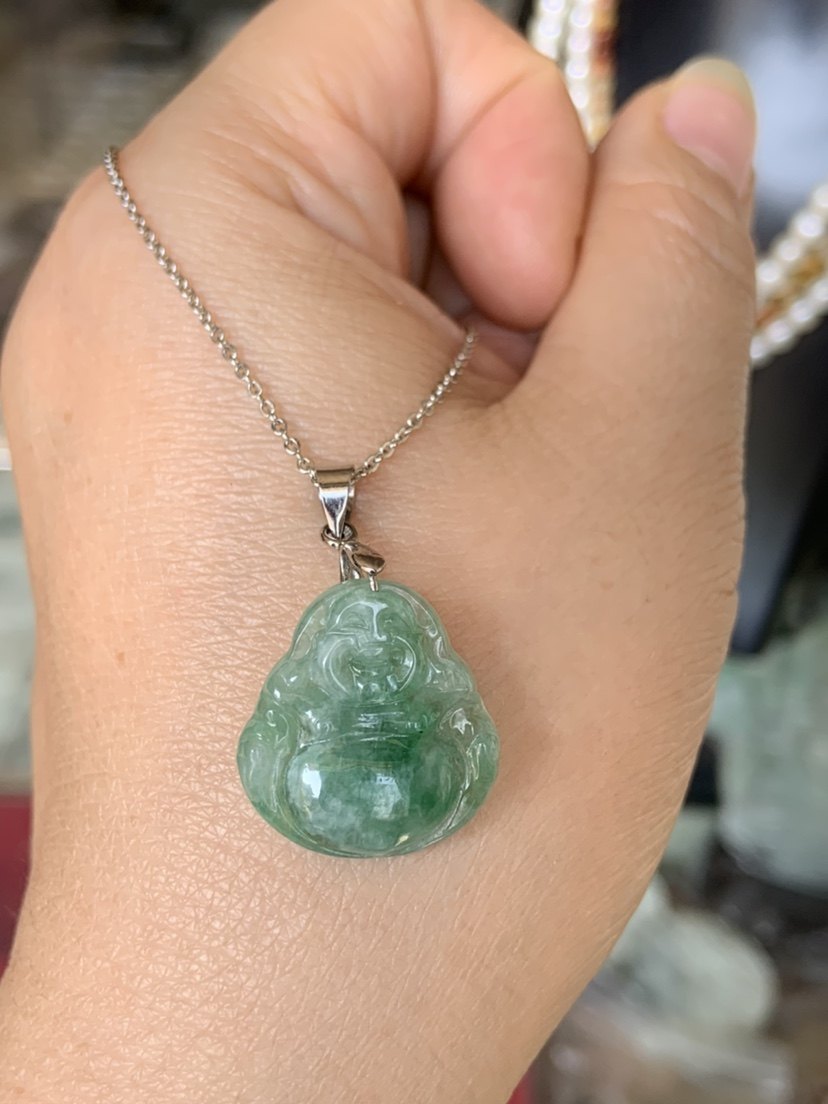 天然冰种满绿A货翡翠吊坠 冰种辣绿玉佛挂坠 小弥勒佛玉坠