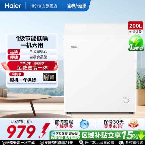 海尔200升冰柜家用小型全冷冻小冰柜减霜商用冷柜单温囤货小冰箱