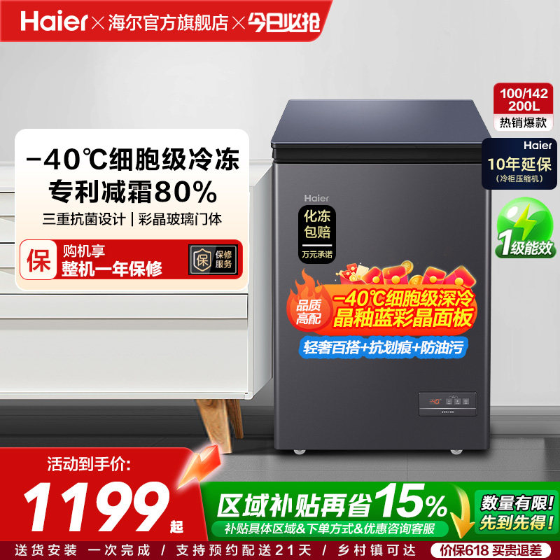 海尔100/142/200升冷藏小冰柜一级家用商用零下-40℃冰箱冷柜
