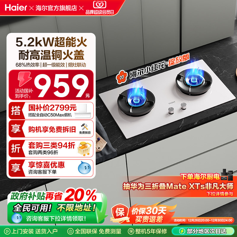 海尔小红花超能火燃气灶天然气煤气灶家用双猛火灶台Q2BEC