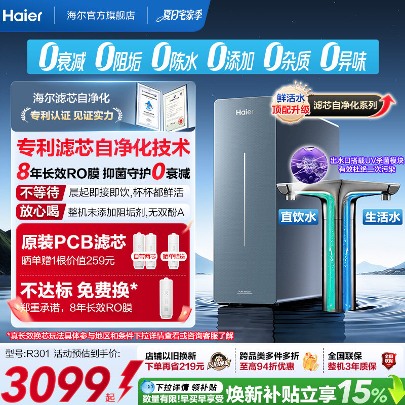 新品海尔净水器鲜活水自净化家用直饮长效反渗透1200G净饮机P7