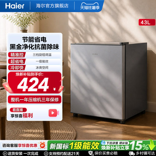 海尔43升星辉银一级节能黑金净化三档可调左右换门租房专用小冰箱