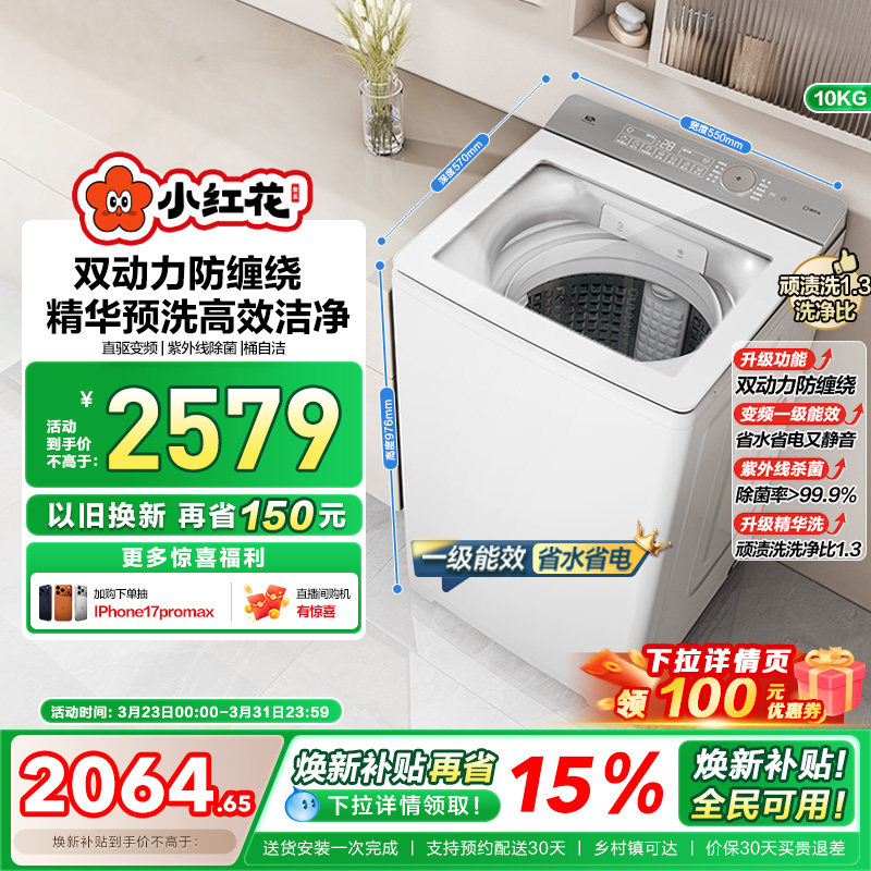 海尔小红花波轮双动力精华洗10kg大容量家用全自动洗衣机73M