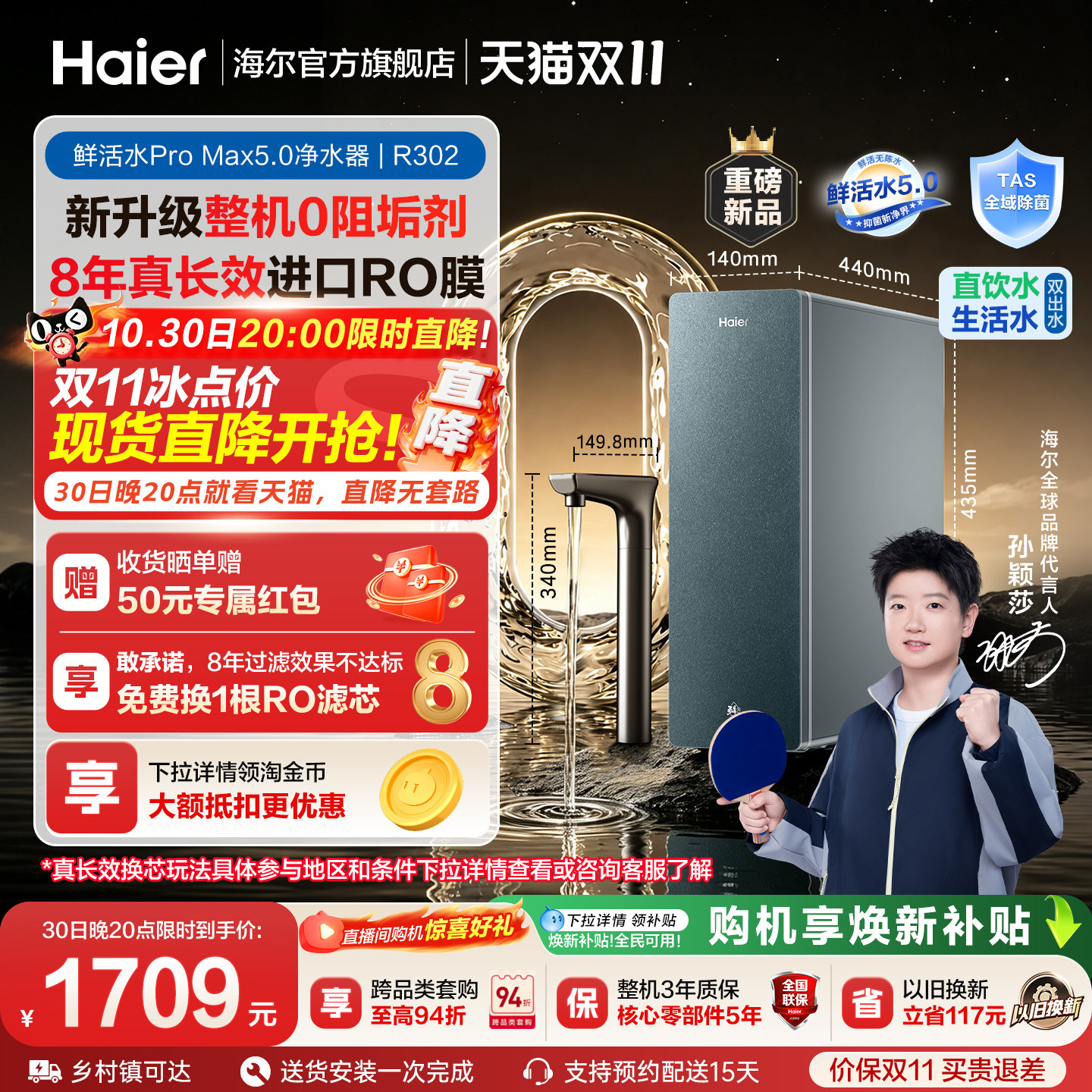 【超级新品】海尔0阻垢鲜活水ProMax5.0净水器家用直饮净水机R302