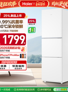 海尔251L一级能效家用租房宿舍三开门风冷无霜保鲜节能白色小冰箱