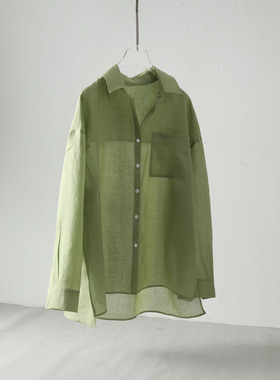 极简风苎麻衬衫女长袖宽松开衫草绿色透气防晒百搭遮肉上衣