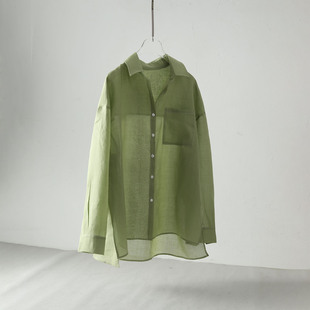 极简风苎麻衬衫女长袖宽松开衫草绿色透气防晒百搭遮肉上衣