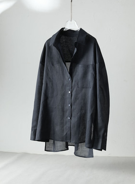 通勤风苎麻长袖衬衫女宽松中长款开叉防晒开衫高级感垂感上衣