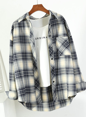 复古格子衬衫女款春秋2025新款小众设计感衬衣外套慵懒风中长上衣