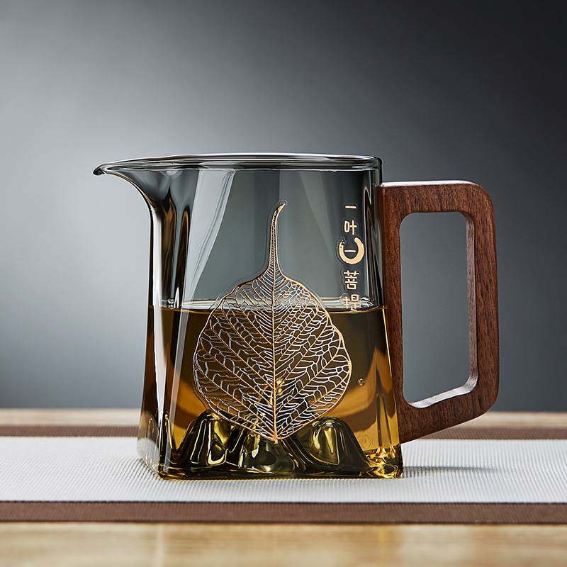 玻璃公道杯分茶器木柄观山茶具配件耐高温公杯加厚高档功夫茶漏