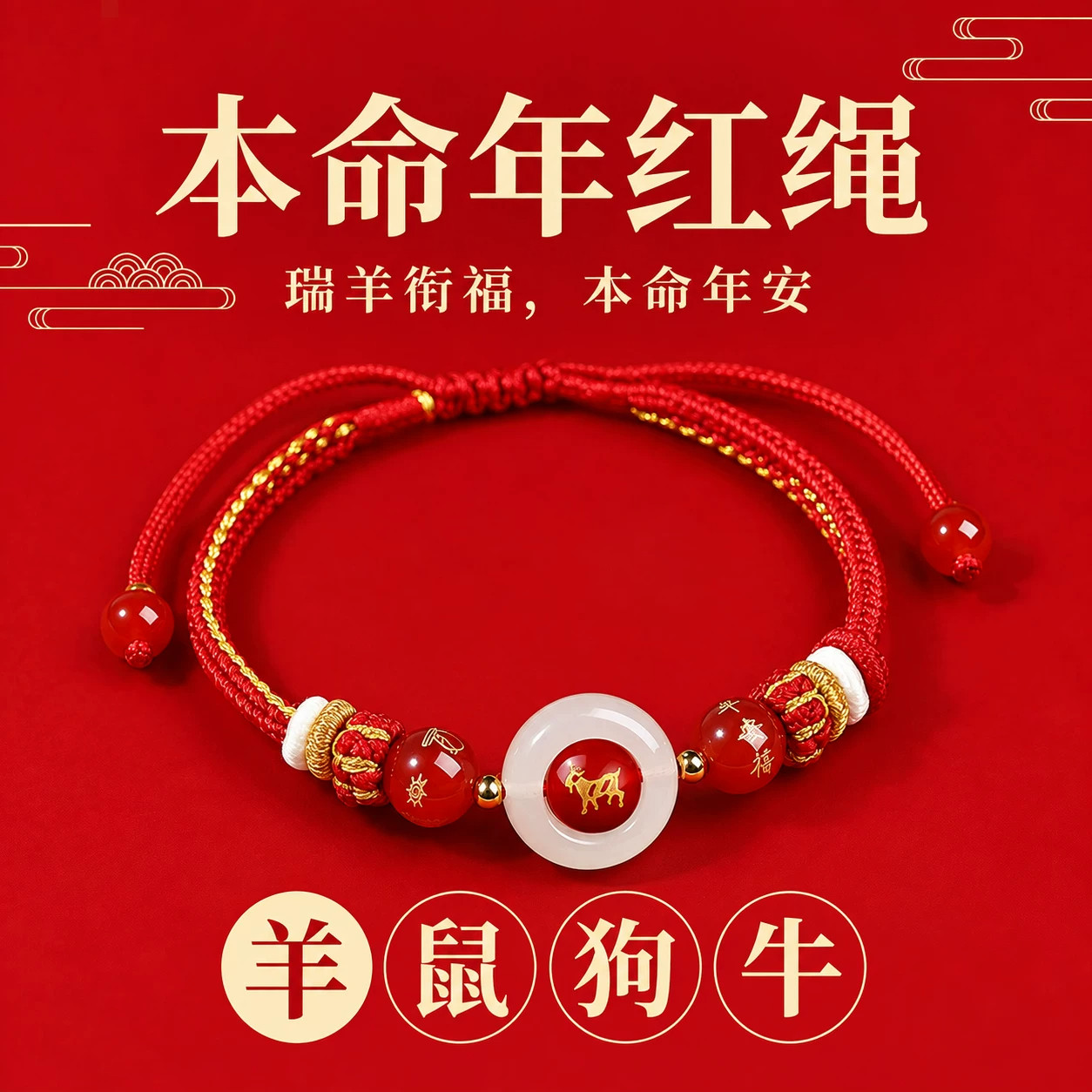 2027新款羊年太岁玛瑙手绳属羊红绳编织绳本命年手链鼠牛狗护身符