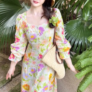 乔与乔伊 秋日私语 法式印花亚麻连衣裙长袖