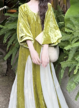 乔与乔伊 香木缘 显白慵懒绿色丝绒连衣裙