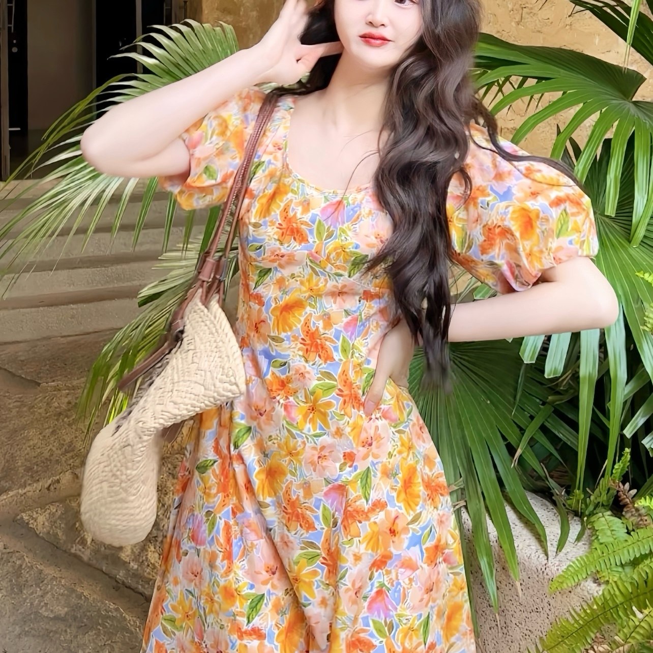 乔与乔伊 芒果柑橘 橙色碎花显白连衣裙