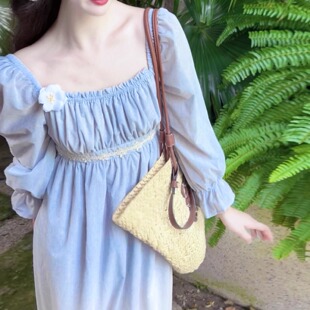 乔与乔伊 法式蕾丝 帝政裙植绒蓝色长袖连衣裙