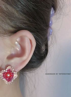 气质优雅红色水晶花朵耳钉无耳洞不疼轻奢高级感温柔蚊香盘耳夹