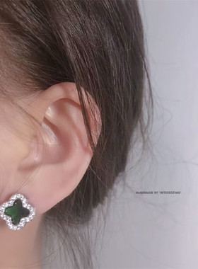 高端精致气质绿色锆石微镶四叶草耳钉无耳洞不疼水晶镶嵌蚊香耳夹
