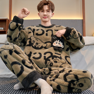 长毛绒睡衣男孩卡通青少年秋冬季加厚加绒初中生珊瑚绒套装家居服