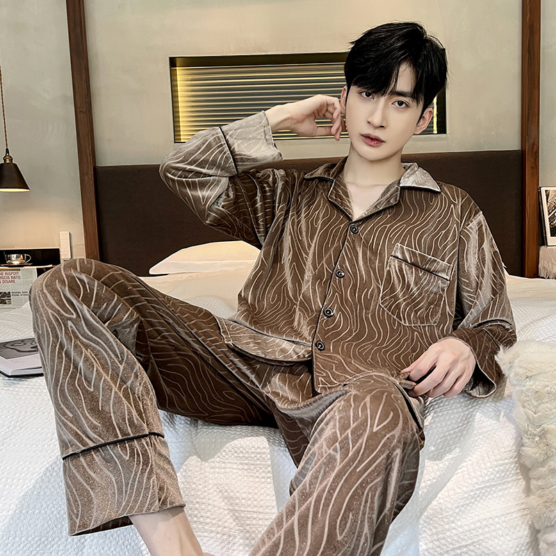 睡衣男士薄款金丝绒青少年爸爸秋冬季可外穿长袖春秋季家居服套装