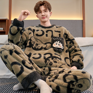 加厚长毛绒睡衣男孩卡通青少年秋冬季加绒初中生珊瑚绒套装家居服