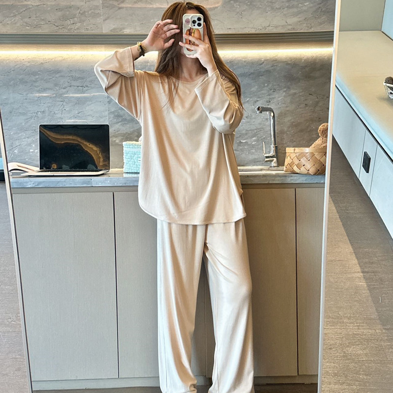 慵懒风德绒睡衣女生长袖春秋季甜美宽松大码舒适纯色家居服套装厚